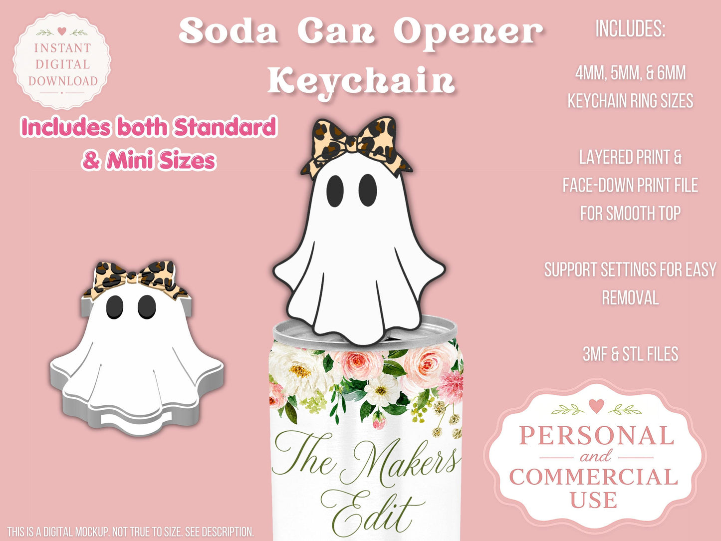 Soda Can Tab Opener Keychain 3D Printer file | Ghost with Leopard Print Bow | STL 3MF