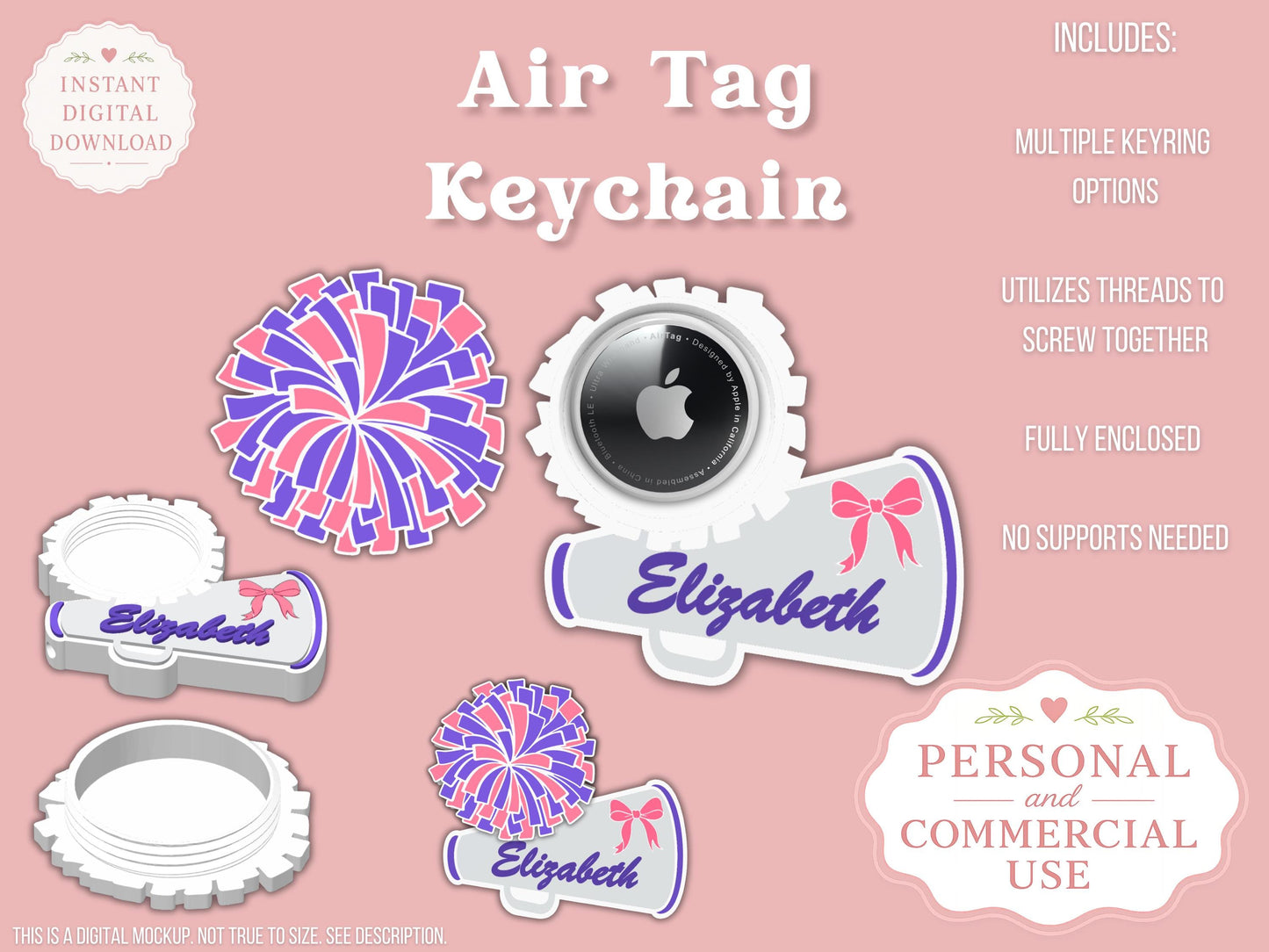 AirTag Holder Keychain | Cheer Custom Name | STL 3MF