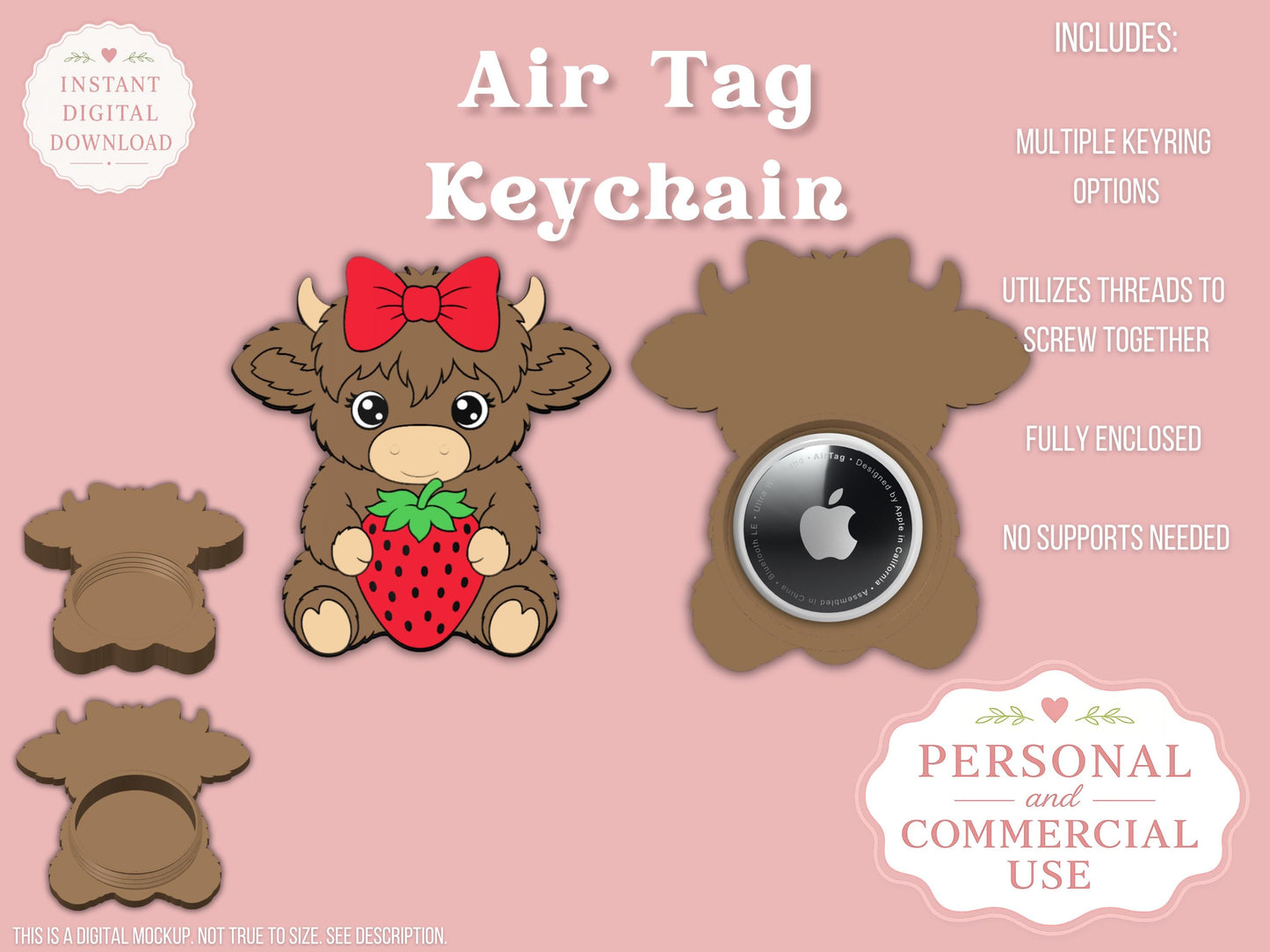 AirTag Holder Keychain | Highland Cow Strawberry | STL 3MF