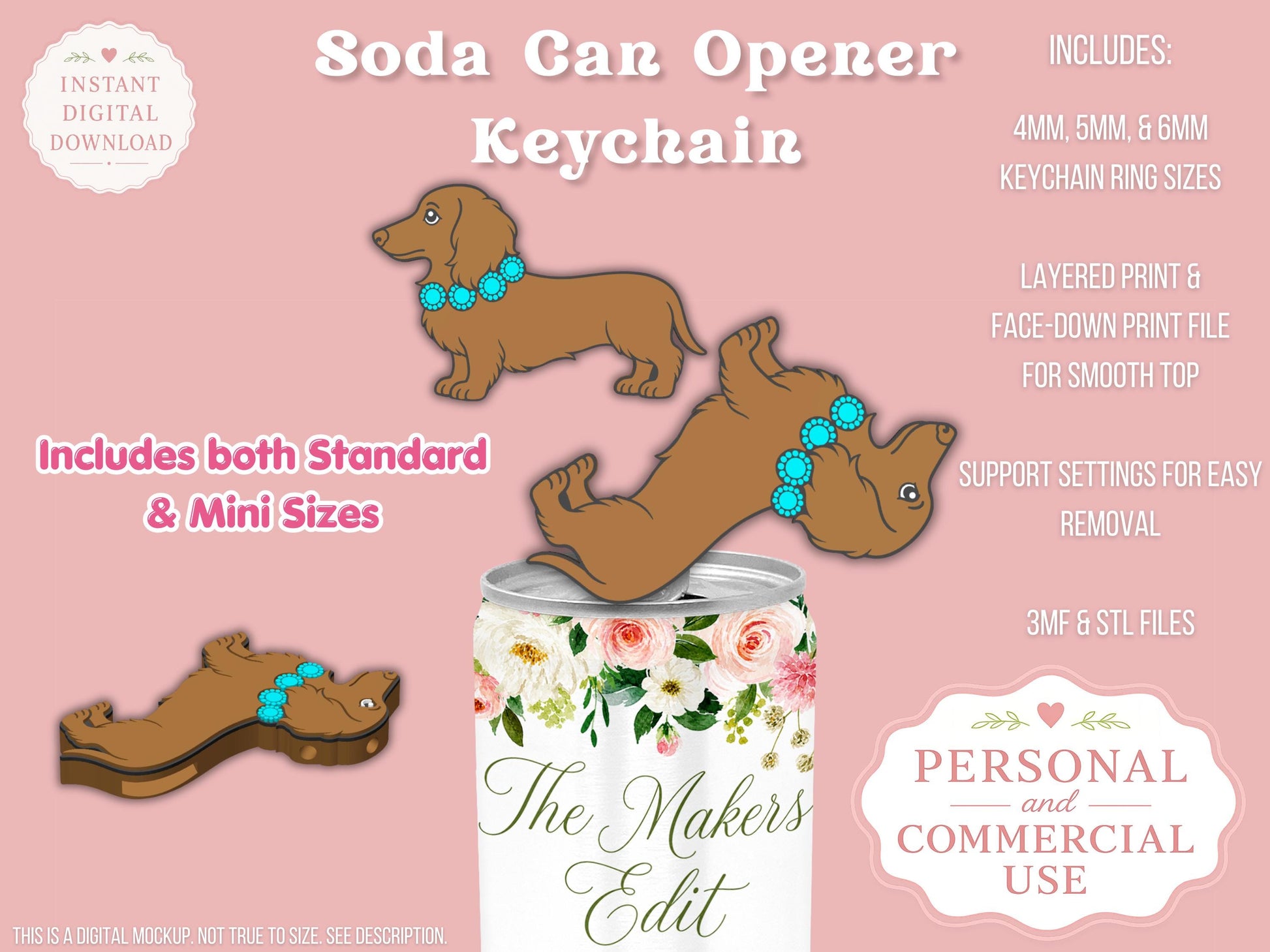 Soda Can Tab Opener Keychain 3D Print File | Long Hair Dachshund STL 3MF