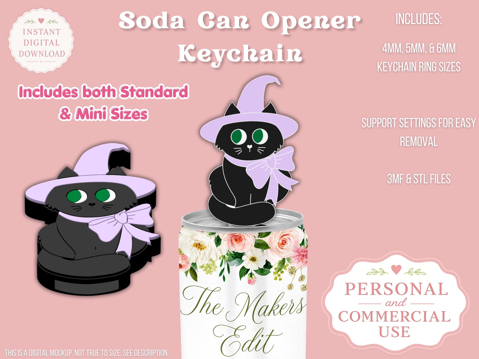 Soda Can Tab Opener Keychain 3D Printer File | Witch Cat | STL 3MF