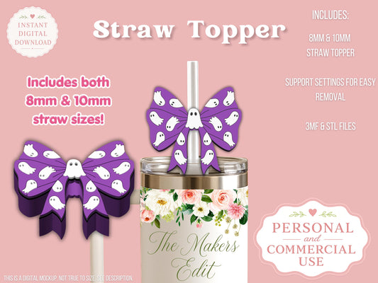 Straw Topper 3D Printer File | Ghost Coquette Bow STL 3MF | Fits 10mm & 8mm Straws | Commercial Use | Tumbler Accessories