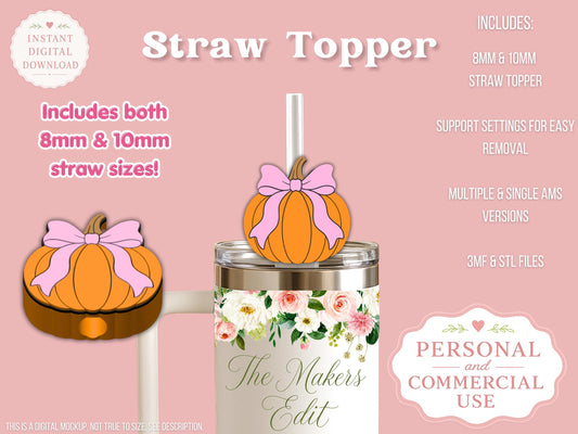 Straw Topper 3D Printer File | Pumpkin Coquette STL 3MF | Fits 10mm & 8mm Straws