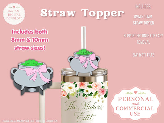 Straw Topper 3D Printer File | Witches Cauldron STL 3MF | Fits 10mm & 8mm Straws