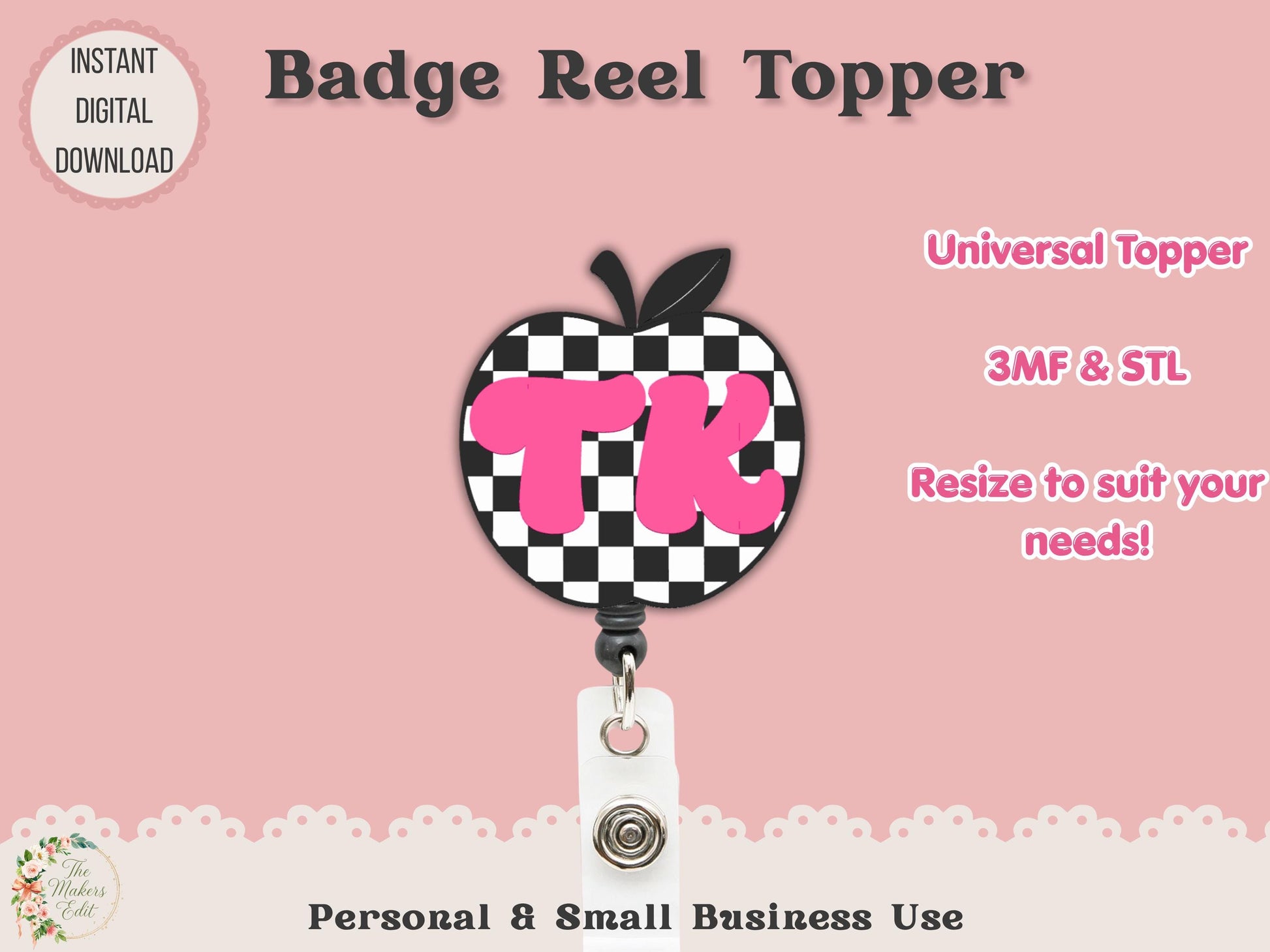 Transitional Kindergarten Checkered Apple - Badge Reel Topper - Digital File