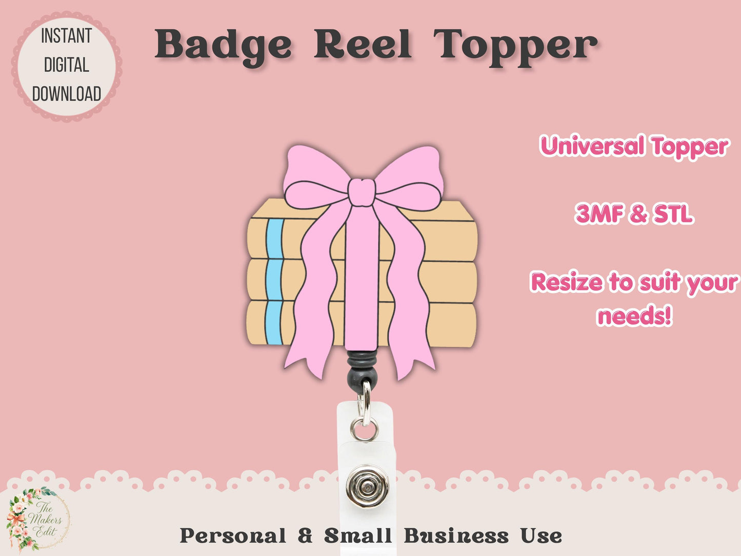 Badge Reel Topper 3D Printer File | Coquette Book Pile STL 3MF