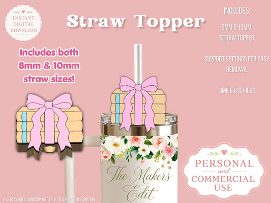 Straw Topper 3D Printer File | Coquette Book Pile STL 3MF | Fits 10mm & 8mm Straws