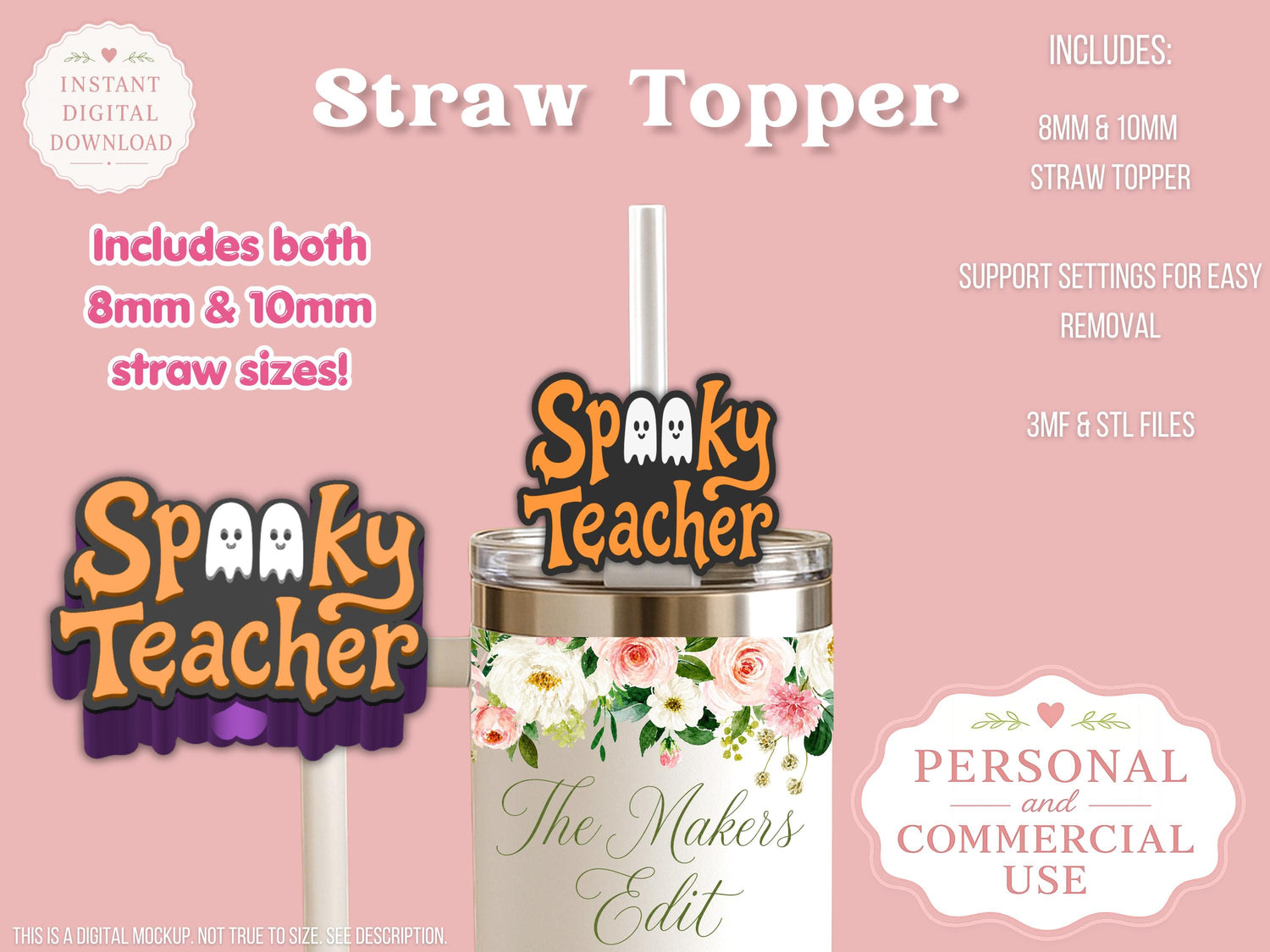 Straw Topper 3D Printer File | Spooky Teacher STL 3MF | Fits 10mm & 8mm Straws