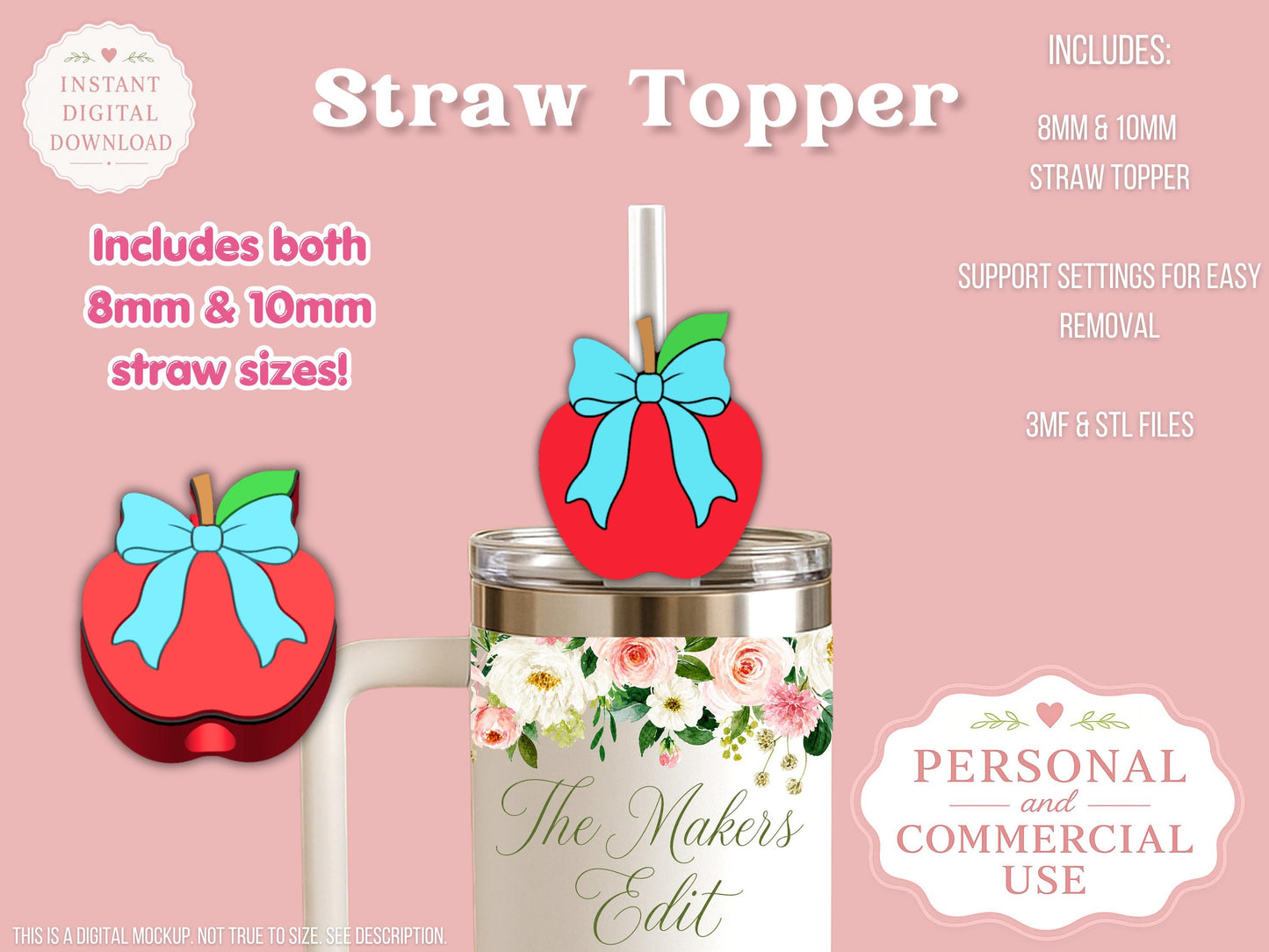 Straw Topper 3D Printer File | Apple Coquette Bow STL 3MF | Fits 10mm & 8mm Straws
