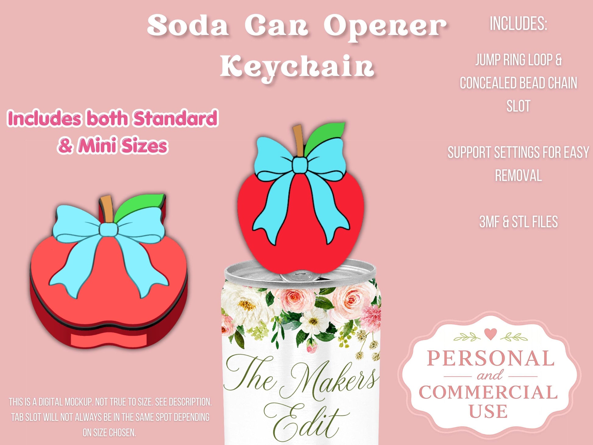 Soda Can Tab Opener Keychain 3D Printer File | Apple Coquette Bow STL 3MF