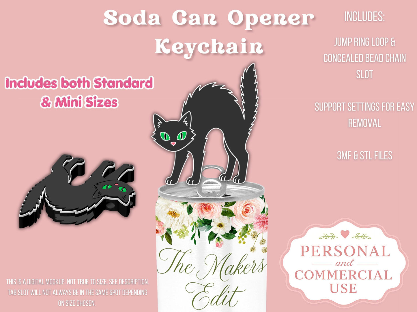 Soda Can Tab Opener Keychain 3D Printer file | Scared Halloween Cat | STL 3MF