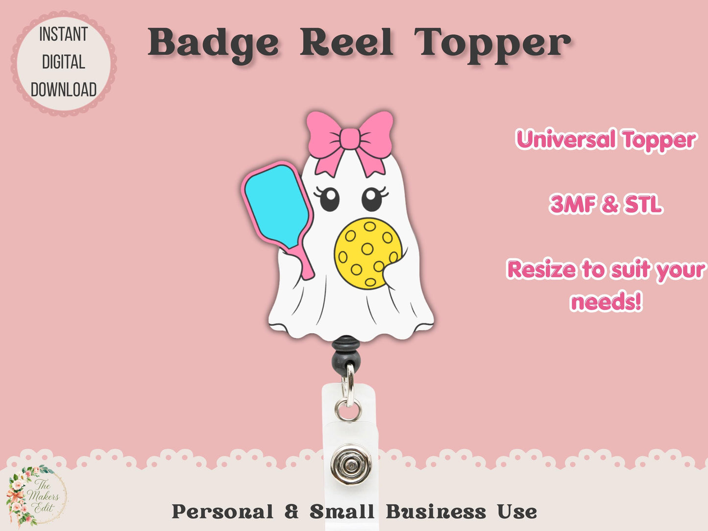 Badge Reel Topper 3D Printer File | Ghost Pickleball Coquette STL 3MF