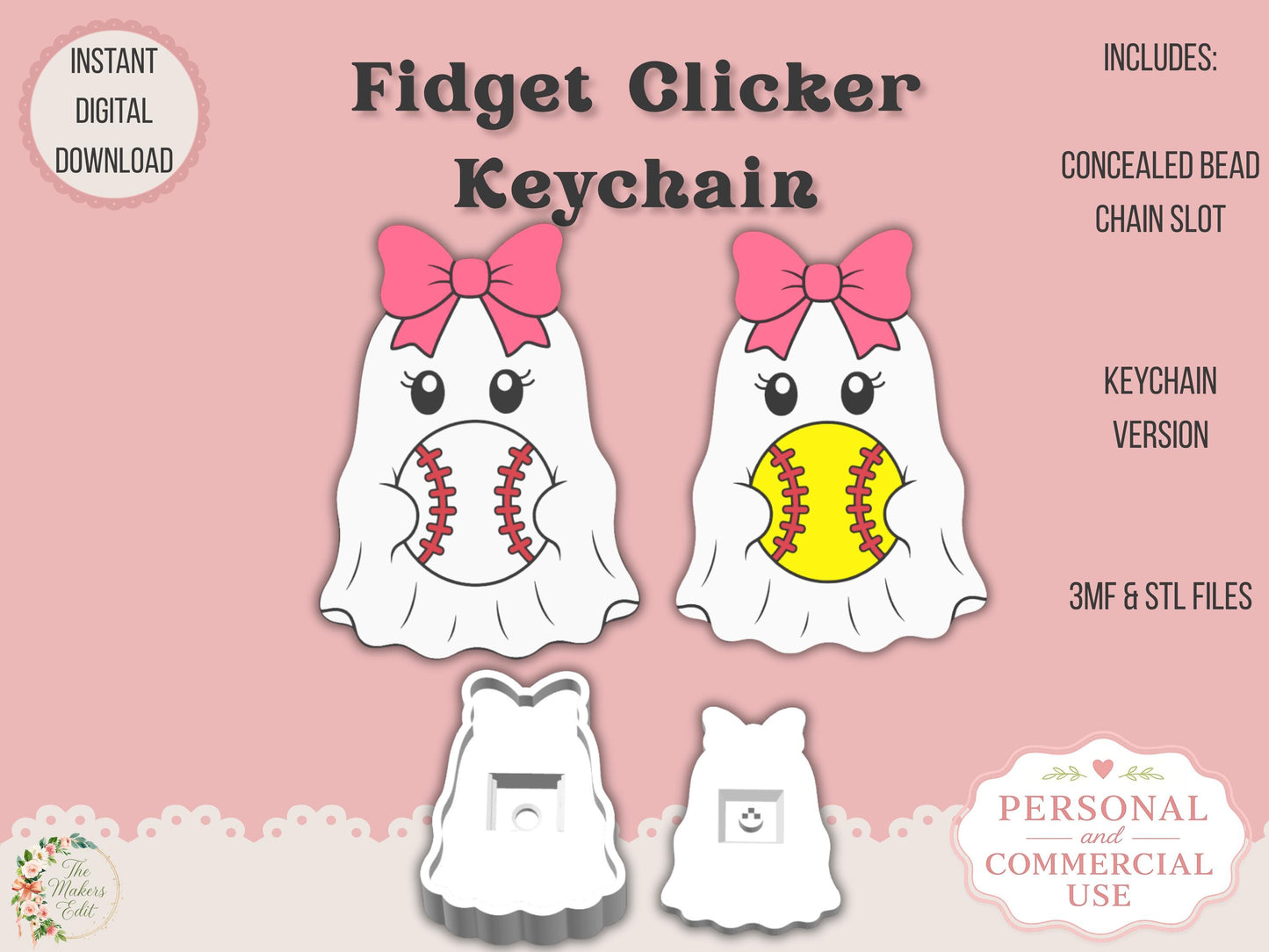 Fidget Clicker Keychain 3D Print File | Ghost Baseball Softball STL 3MF