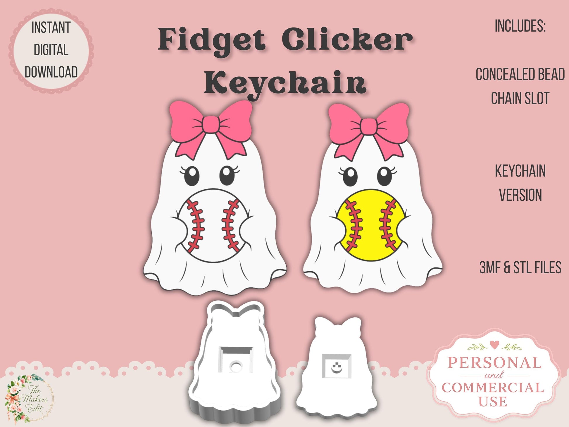 Fidget Clicker Keychain 3D Print File | Ghost Baseball Softball STL 3MF