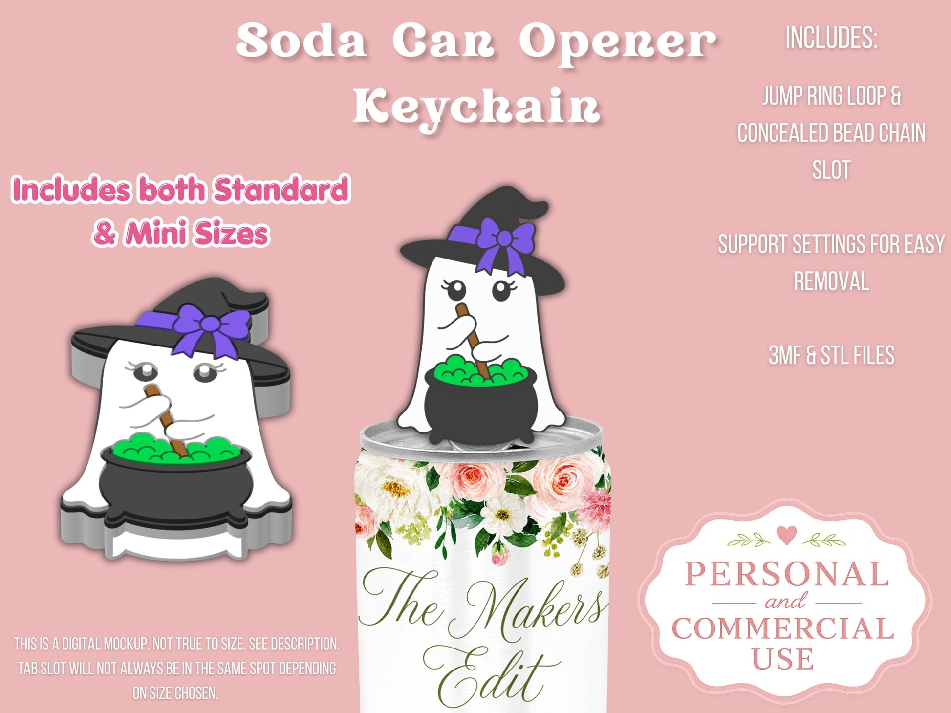 Soda Can Tab Opener Keychain 3D Printer File | Ghost Witch Cauldron STL 3MF