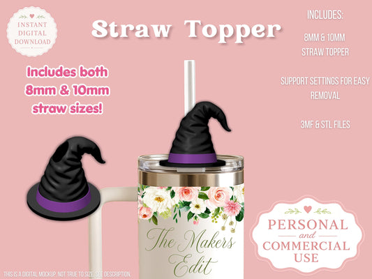 Straw Topper 3D Printer File | Witch Hat STL 3MF | Fits 10mm & 8mm Straws