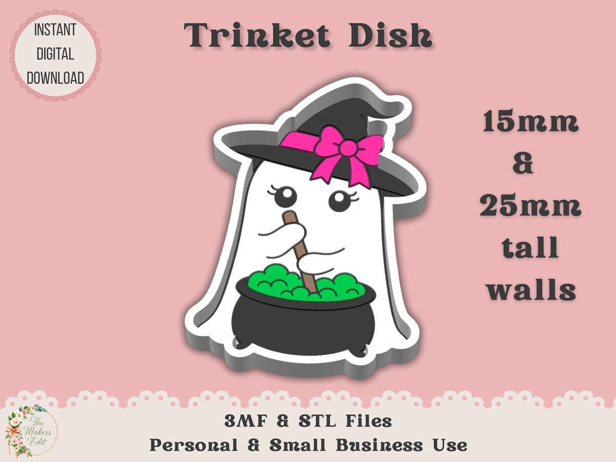 Trinket Dish 3D Printer File | Ghost Witch Cauldron STL 3MF