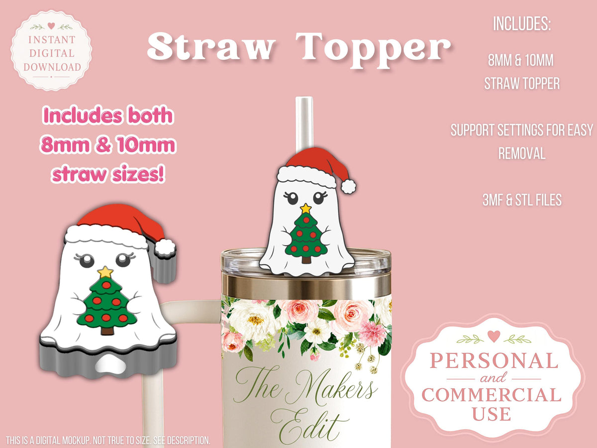 Straw Topper 3D Printer File | Ghost Santa Tree STL 3MF | Fits 10mm & 8mm Straws
