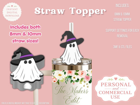 Straw Topper 3D Printer File | Ghost Witch STL 3MF | Fits 10mm & 8mm Straws