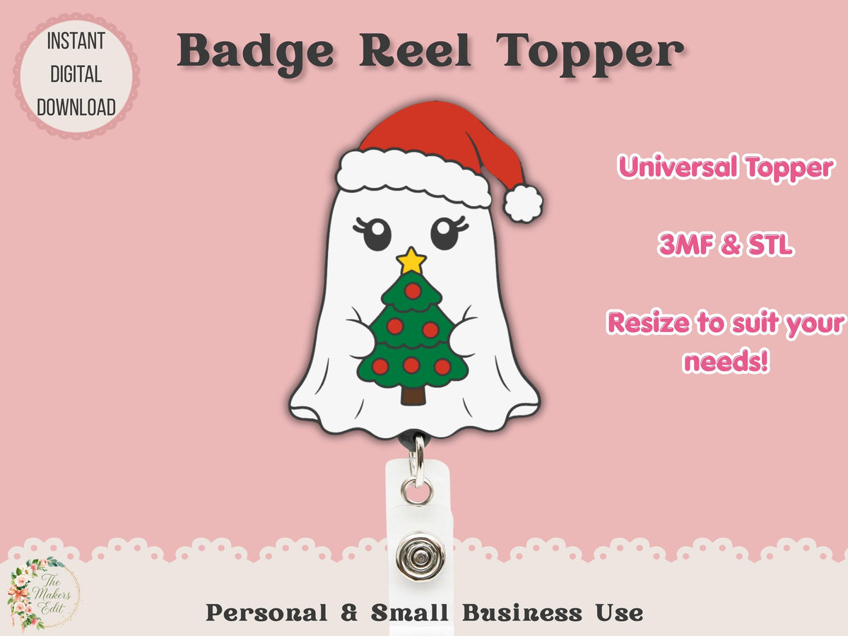 Badge Reel Topper 3D Printer File | Ghost Santa Tree STL 3MF