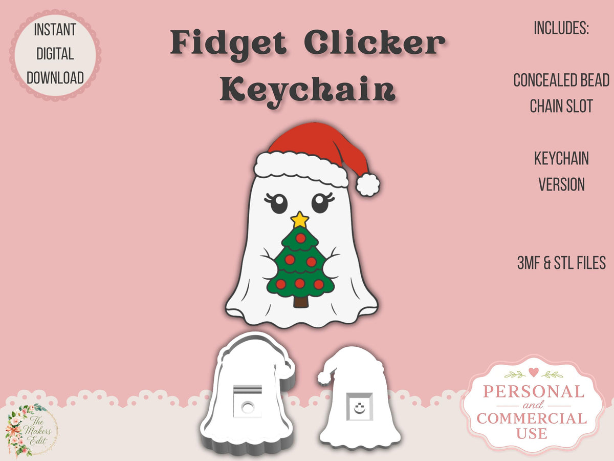 Fidget Clicker 3D Printer File | Ghost Santa Tree STL 3MF | Keychain