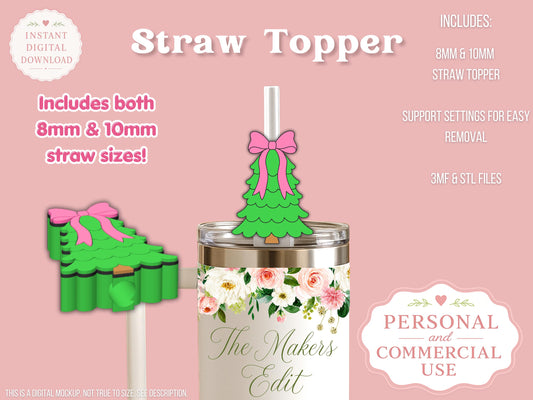 Straw Topper 3D Printer File | Coquette Christmas Tree STL 3MF | Fits 10mm & 8mm Straws