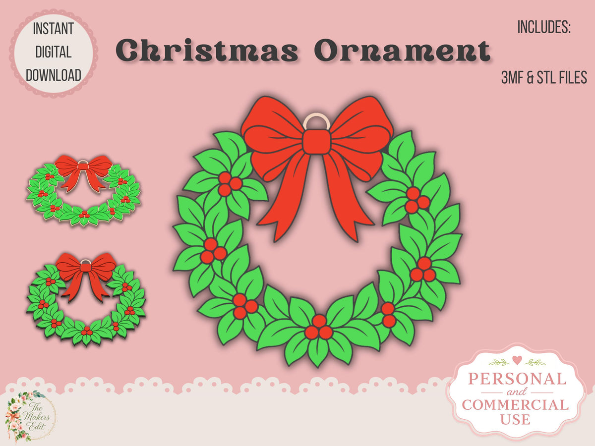 Christmas Ornament 3D Printer File | Christmas Wreath STL 3MF