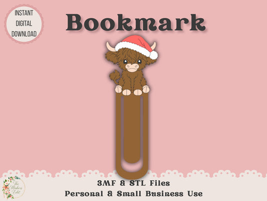 Bookmark 3D Printer File | Highland Cow Santa Hat STL 3MF