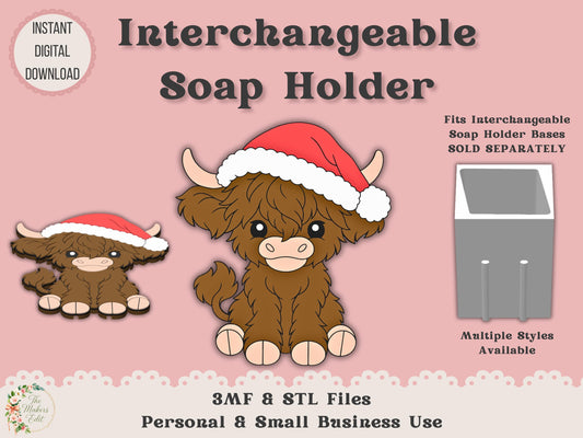 Soap Holder - Interchangeable Top 3D Printer File | Christmas Highland Cow Santa Hat STL 3MF