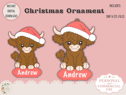 Christmas Ornament 3D Printer File | Highland Cow Santa Hat STL 3MF