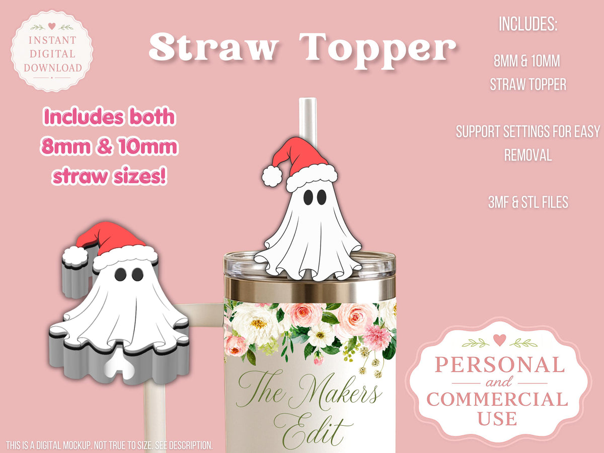 Straw Topper 3D Printer File | Ghost Santa Hat STL 3MF | Fits 10mm & 8mm Straws