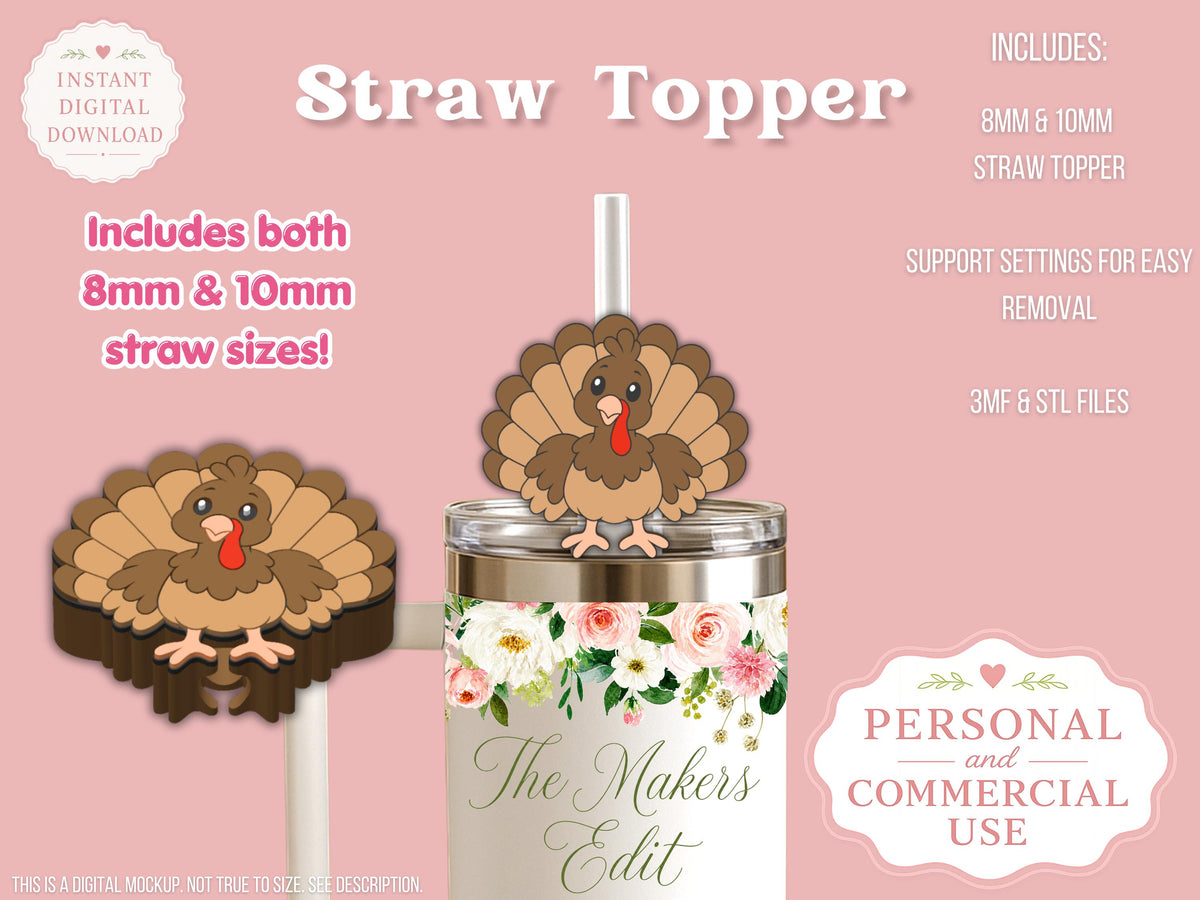 Straw Topper 3D Printer File | Cute Turkey STL 3MF | Fits 10mm & 8mm Straws