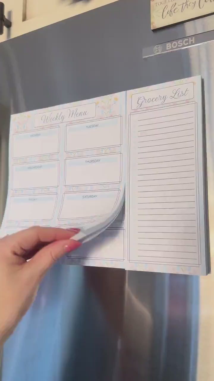 Weekly Menu & Grocery List Magnetic Notepad Set | 110 sheets | Blue | Floral | Grandmillennial Style | Mother's Day Gift Idea