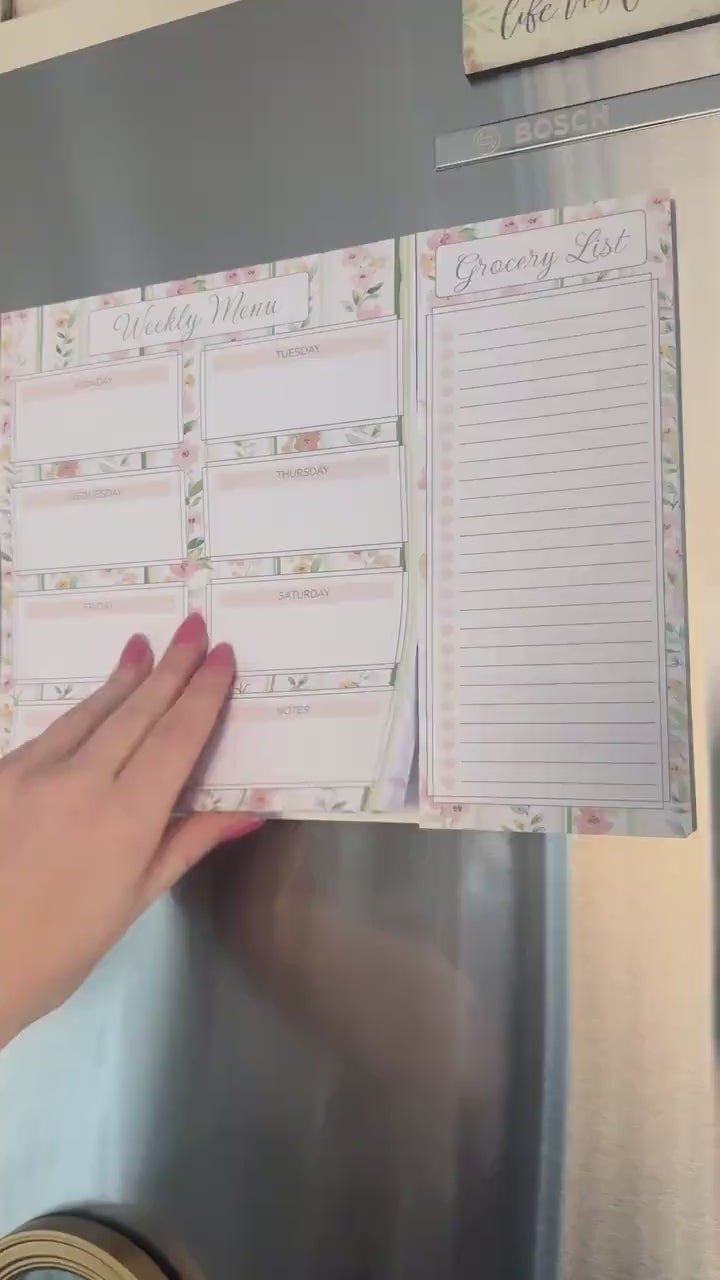 Floral Magnetic Weekly Menu & Grocery List Notepad Set | Sage Green | Dusty Pink | 110 Pages | Mother's Day Gift Idea