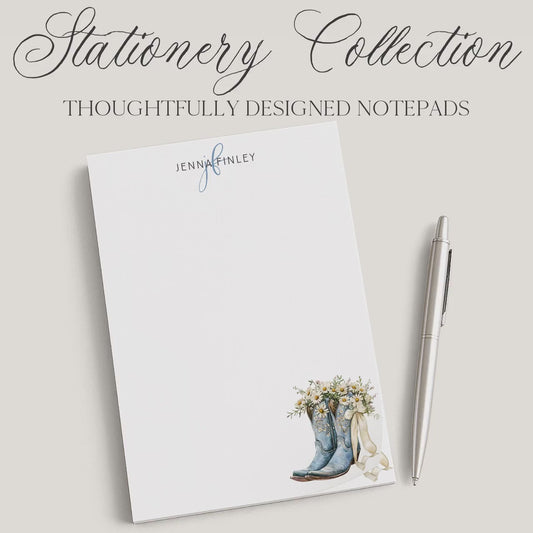 Personalized Floral Notepad | Blue Flower Cowgirl Boots | Coquette Bow & Daisies | Mother's Day Gift Idea